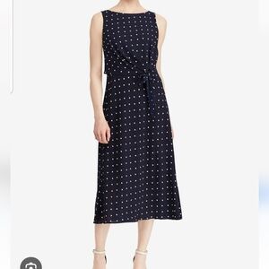 Lauren Ralph Lauren Navy White Polka Dot Crepe Midi Dress Size 6 Sleeveless